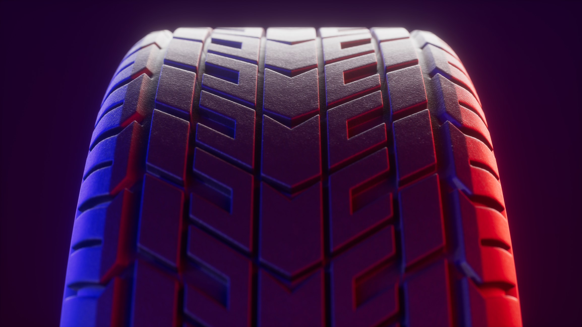 A detailed close-up of a tire's tread pattern, captured with colored neon low-key lighting. The symmetrical design and deep grooves emphasize the tire's durability and traction. Ideal for automotive, transportation, and engineering concepts.